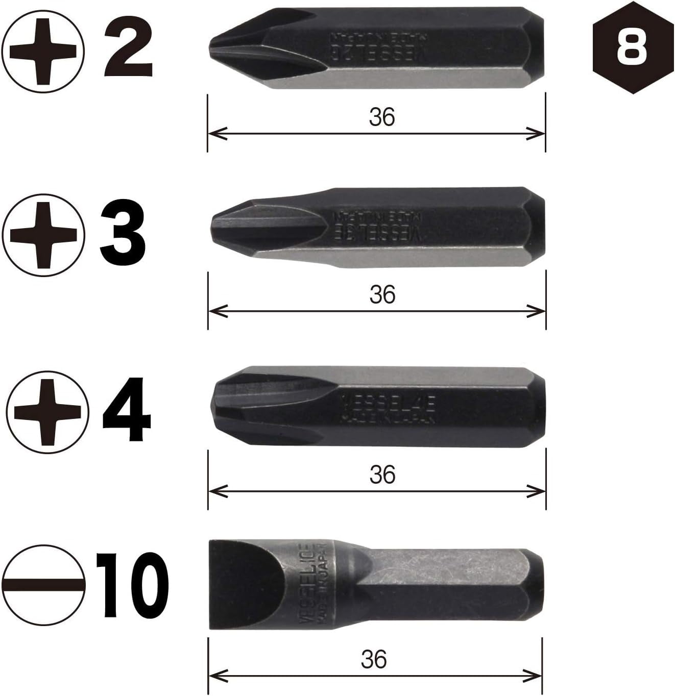 MKEUDQ-Vessel BS2500 Bit Set, Set of 4, For Impact Drivers