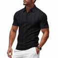 thumbnail image 2 of Ecqkame Mens Shirts Knitted Pit Stripe Slim Fit Textured Stretchy Shirt Turndown Collar Short Sleeve Button Casual Breathable Tops Black S, 2 of 8