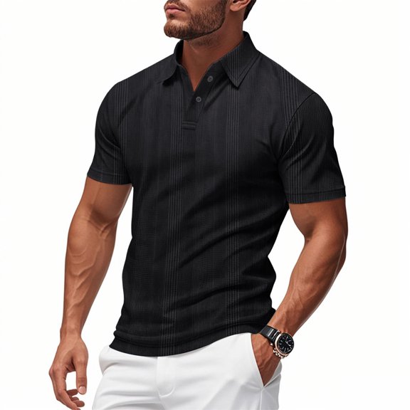 KIHOUT Men's Vertical Fine Rib Knit Short Sleeve Polo Shirt, Two Button Slim Fit Breathable Solid Acrylic Casual Top
