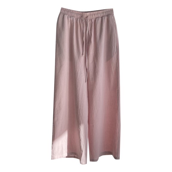 Women's Cotton Linen Pants Drawstring Elastic Waist Side Pockets High Rise Casual Loose Trousers Pants
