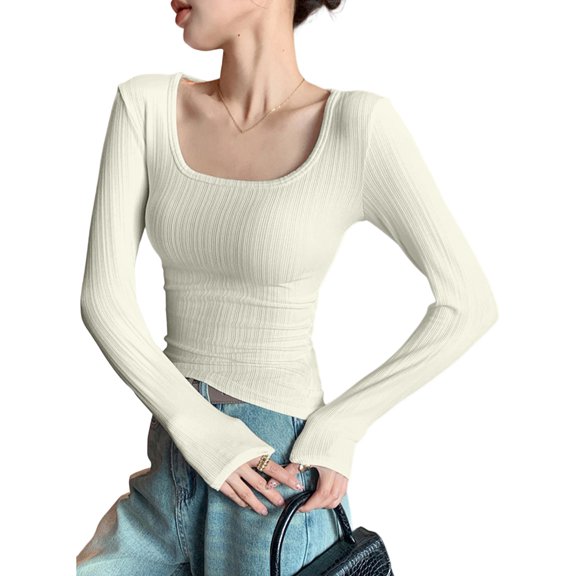 Women Long Sleeve Shirts Square Neck Tops Ribbed Knit Basic Crop Tops Fall Outfits Fashion Clothes Apricot XXL
