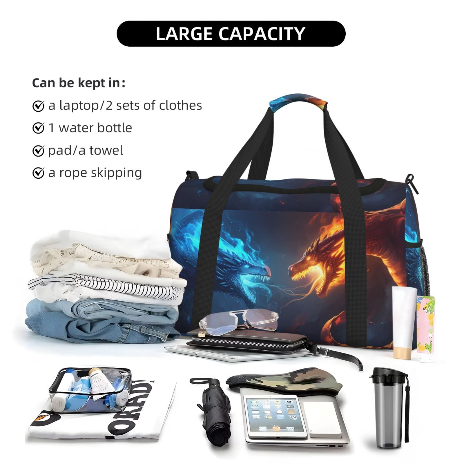 Fuzoiu Red And Blue Fire Dragon C Print Travel Duffle Bag,Carry On Tote Bags,Duffel Bag,Sport Gym Bag, Hospital Bag for Labor and Delivery, Overnight Bag,Luggage Bag