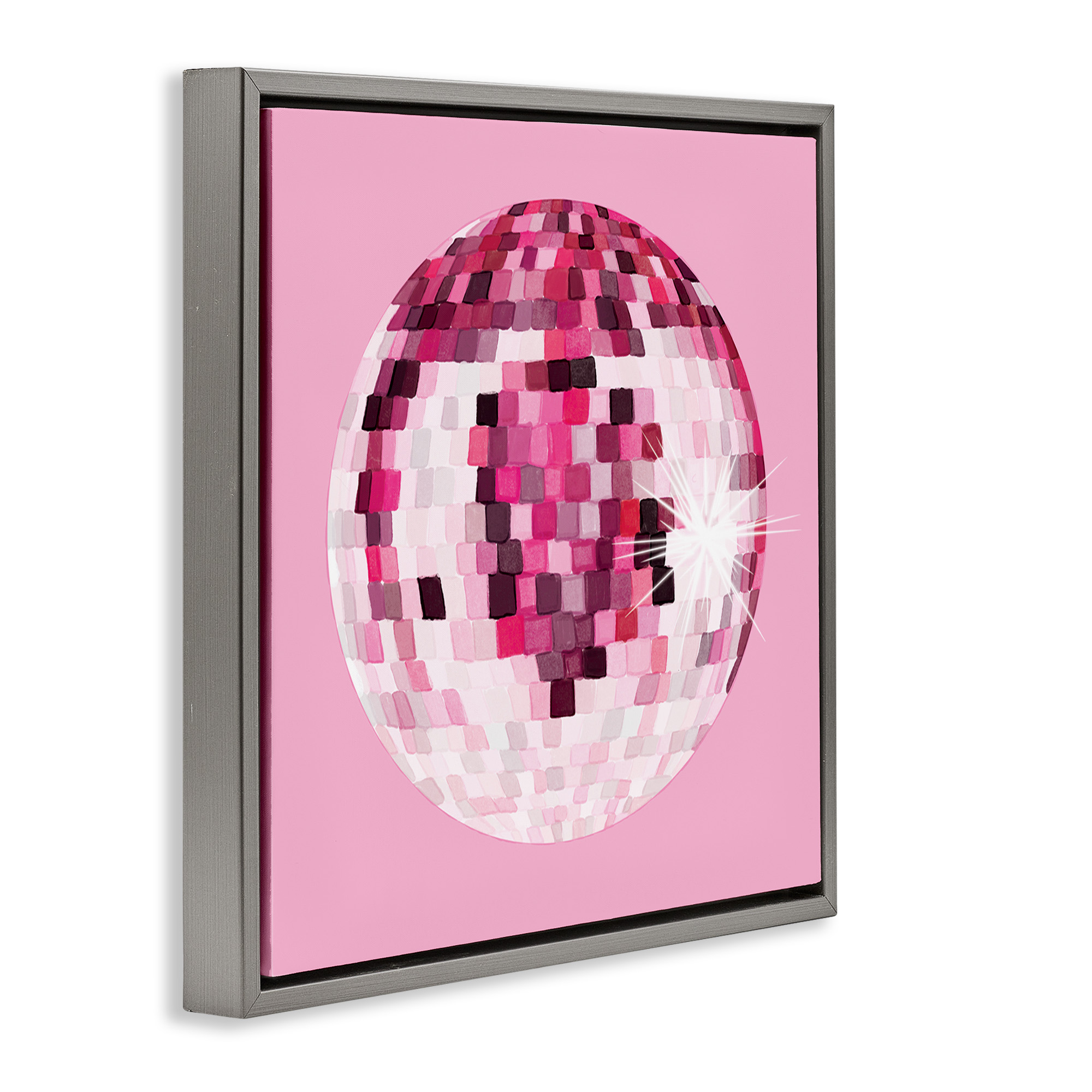 Stupell Industries Dazzling Pink Disco Ball Beauty & Fashion Painting Gray Floater Framed Canvas Art Print Wall Art, 18 x 18