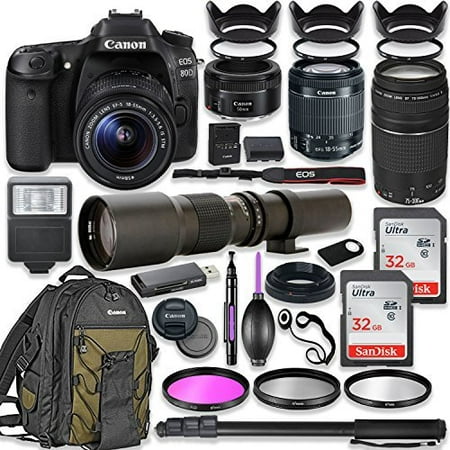 Canon EOS 80D DSLR Camera with 18-55mm Lens Bundle + Canon EF 75-300mm III Lens, Canon 50mm f/1.8 and 500mm Preset Lens + Canon Water Resistant Backpack + 64GB Memory + Monopod + Professional