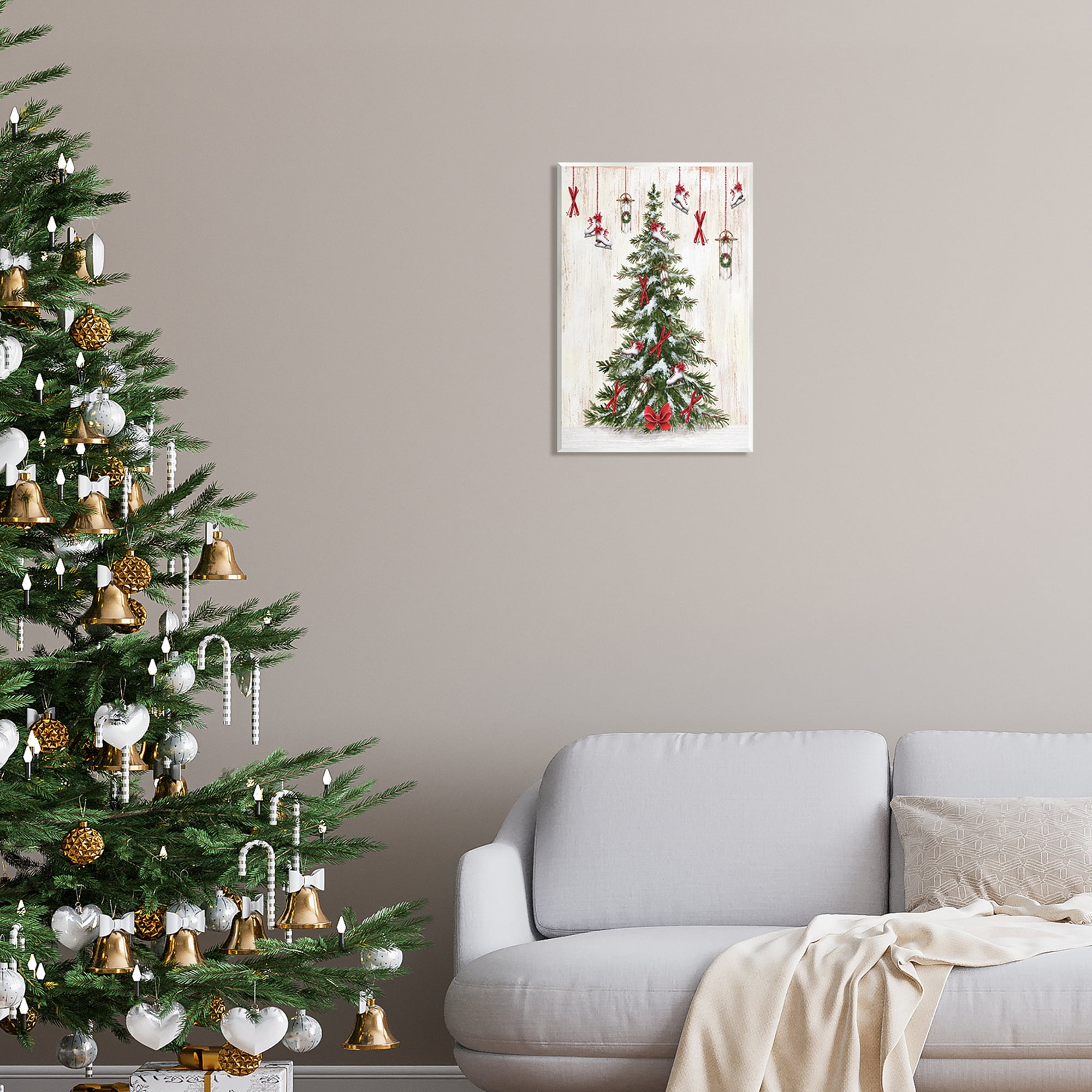 Stupell Industries Ice Skates & Sleds on Tree Holiday Painting Unframed Art Print Wall Art, 13 x 19