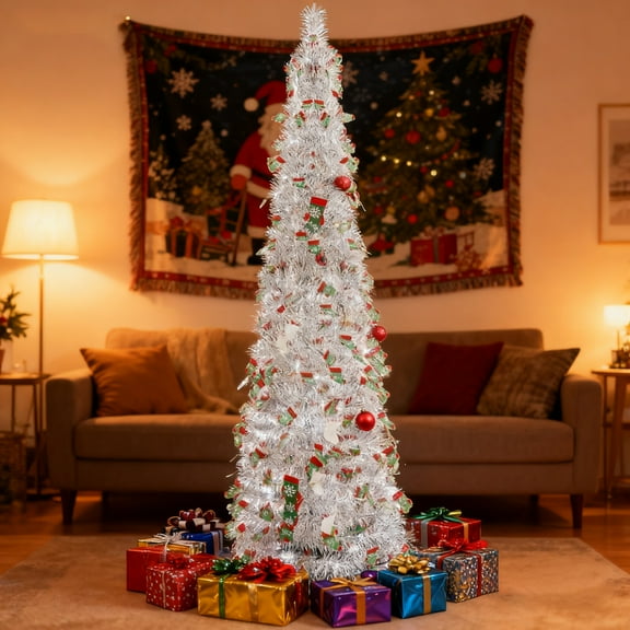 5FT PVC Christmas Tree Ornaments Silver Tops Green Christmas Socks Living Room Courtyard Christmas Party Scene Decoration