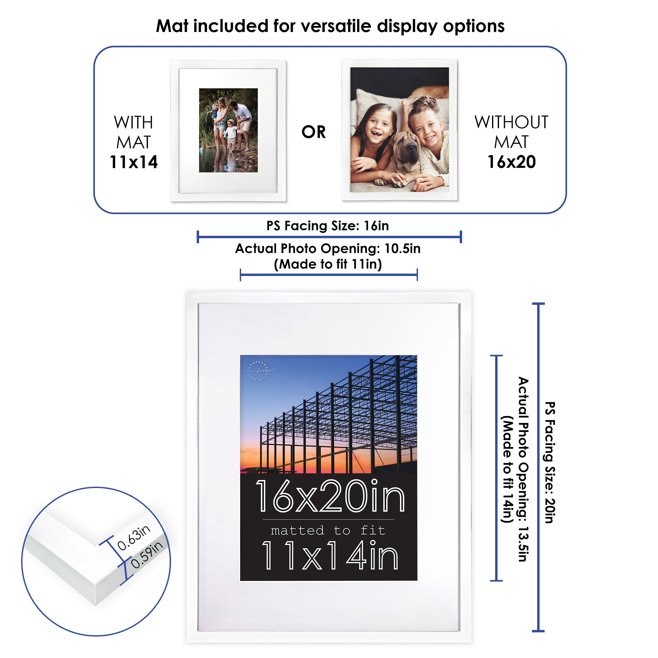 Standard Goods Home Décor 16x20 Matted to 11x14 White Linear Picture Frame, 5-Pack for Wall Display.