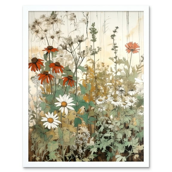 Wildflowers Vintage Watercolour Painting Red White Daisy Flowers Spring Field Art Print Framed Poster Wall Decor 12x16 inch