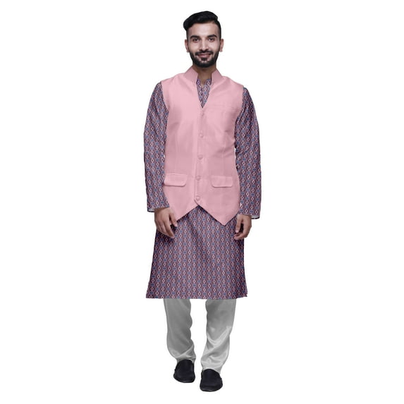 Atasi Cotton Mens Kurta Pajama With Jacket Indian Mandarin Ethnic Wear Set