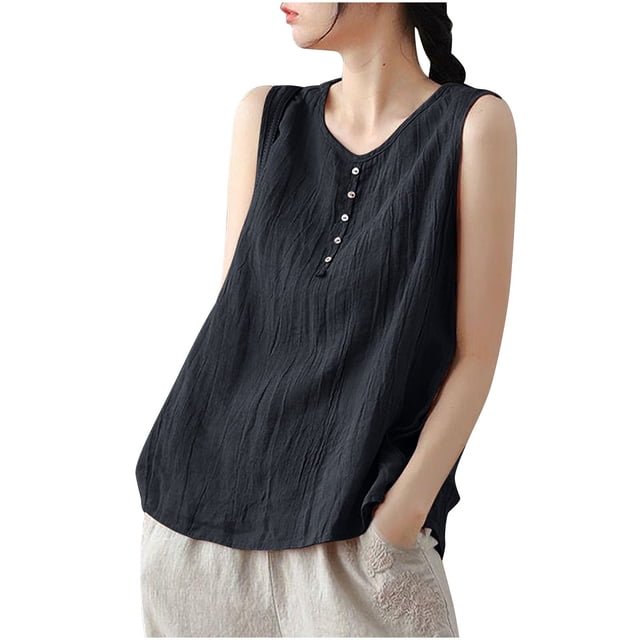 Plebaso Débardeurs en Coton et Lin pour Femmes Col Rond Sans Manches Chemises Décontractées Légères Blouses pour Femmes