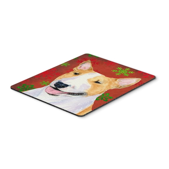 "Bull Terrier Red and Green Snowflakes Holiday Christmas Mouse Pad Hot Pad or Trivet"