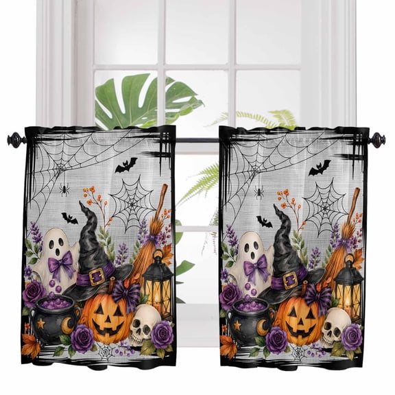 Halloween Bathroom Window Curtain, Spooky Ghost Pumpkins Floral Bats Witch Hat Gray Light Filtering Coffee Kitchen Curtains, Bedroom Living Room Curtains 2 Panel 84"x45"