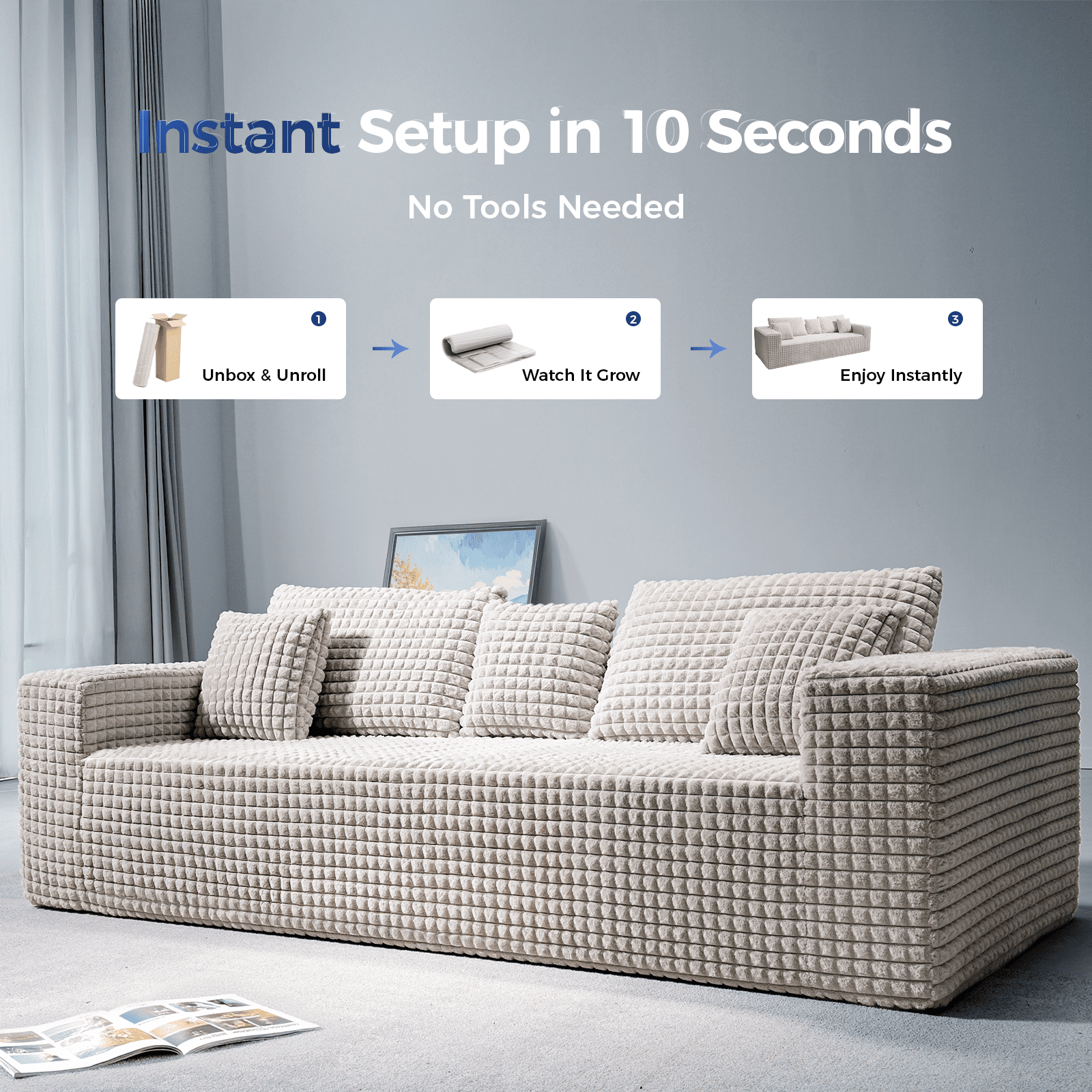 Patbrela 101" Couch for Living Room Furniture Diamond Boneless Sofa with 31-inch Extra Deep Seat, No Assembly, Beige