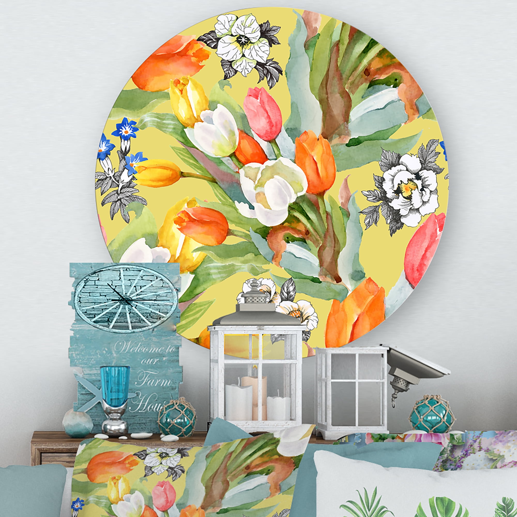 Designart 'Blooming Orange and White Tulips IV' Traditional Circle Metal Wall Art 23x23 - Disc of 23