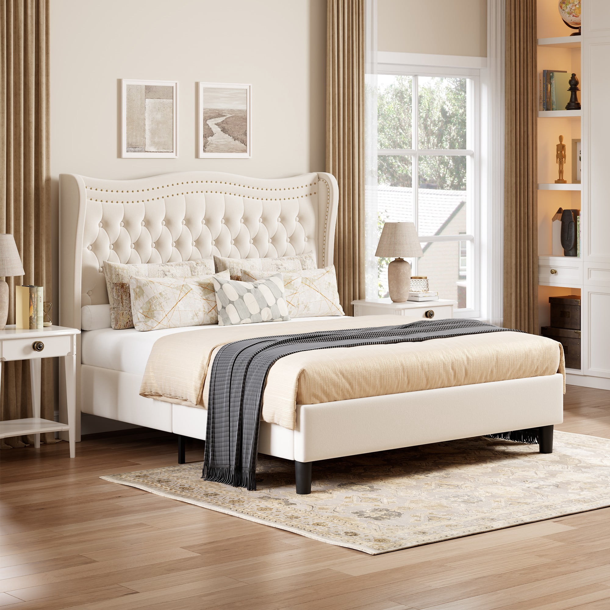 BSHTI Full Size Upholstered Bed Frame with Wingback Headboard – Velvet Diamond Tufting & Double Nail Trim, No Box Spring Needed, Beige