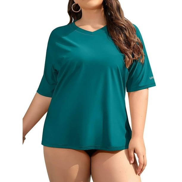 Women Plus Size Rash Guard Short Sleeve Rashguard UPF 50+ Swimming
