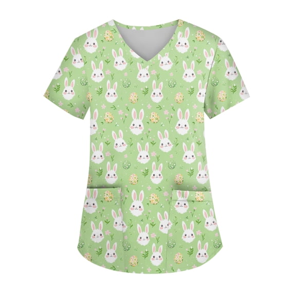 OIOLOYJM Easter Scrubs Tops for Women 2026 Funny Medical Bunny Print Tops Short Sleeve V Neck Nursing Shirts Casual Oversized Blouse with Pockets Light Blue S