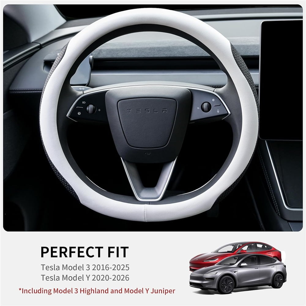 Leather Steering Wheel Cover Suitable For Tesla Model3/Y 2016-2025 2026 Juniper/Highland, Non-slip And Breathable Tesla Model3/Y Steering Wheel Protector, White