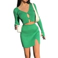 thumbnail image 2 of Qiylii Women Sexy Knitted 2 Piece Outfits Set Long Sleeve Button Down Shirts Cardigan Crop Top Mini Skirt Set Bodycon Dress, 2 of 5