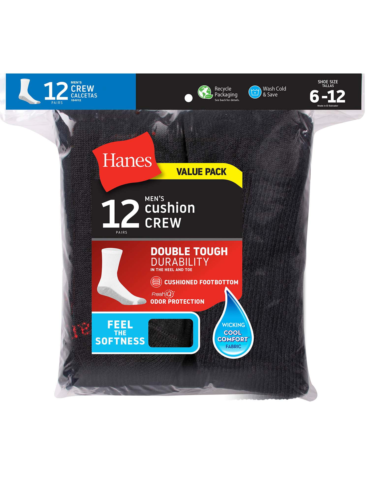 Black 10-13 Hanes Men's Cushion Crew Socks 12-Pack 