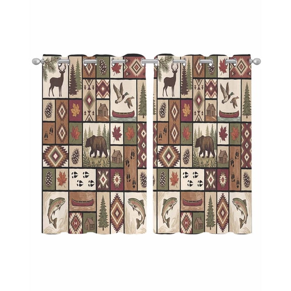 Country Patch Plaid Sheer Curtains 54 Inch Length 2 Panels Set for Living Room/Bedroom, Brown Farmhouse Retro Bear Deer Cabin Kitchen Curtains Grommet Semi-Sheer Curtains Window Treatments 42"x54"x2