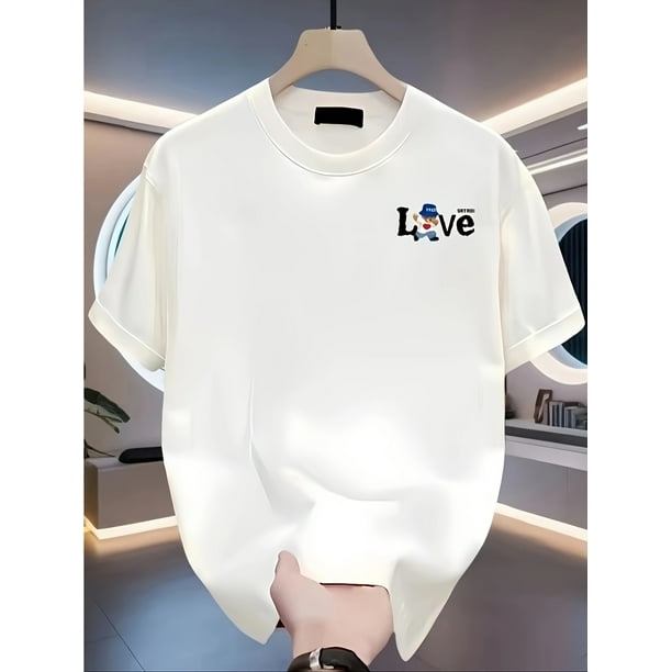 Men's Retro Casual 100% Cotton T-Shirt - Short Sleeve, Black with "LOVE" Graphic & Bear Design, Lightweight & Breathable for Casual Attire, Cotton T Shirts