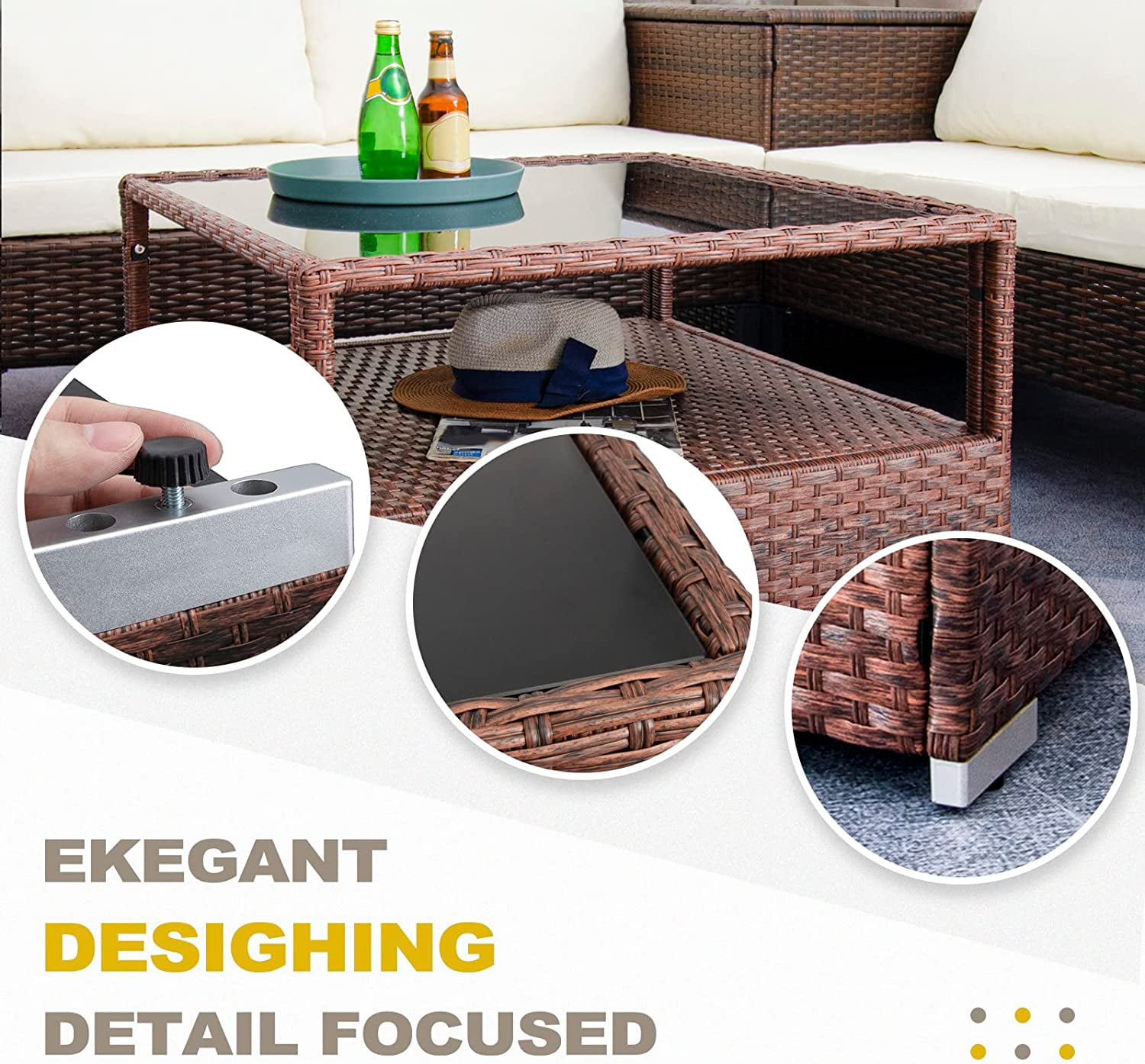 ZXNYH Outdoor Coffee Table Wicker Patio Side Table with Glass Top,19