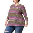 thumbnail image 4 of Unique Bargains Women's Plus V Neck 3/4 Sleeve Stripe Boho Knit Blouse 1X Purple, 4 of 6
