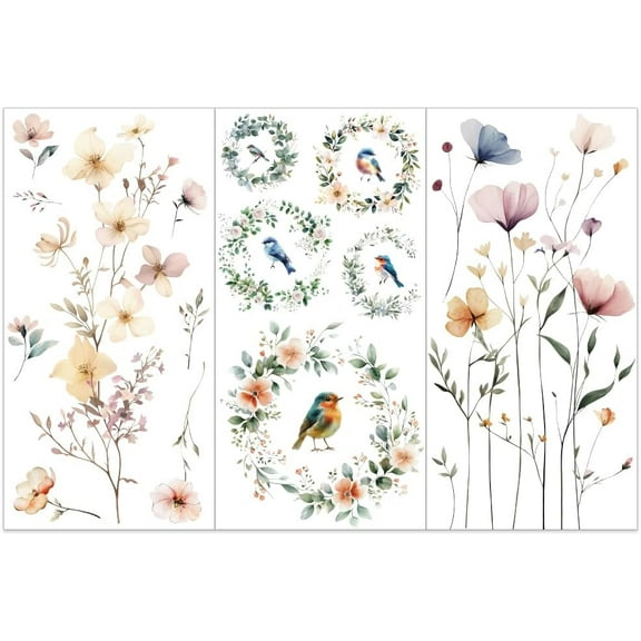 3pcs/Set Flower Rub on Transfers for Furniture and Crafts 6x12 inch Bird Wreath Furniture Decals Floral Plant Transfer Stickers Rub on Decals for Wood Furniture Home Decor