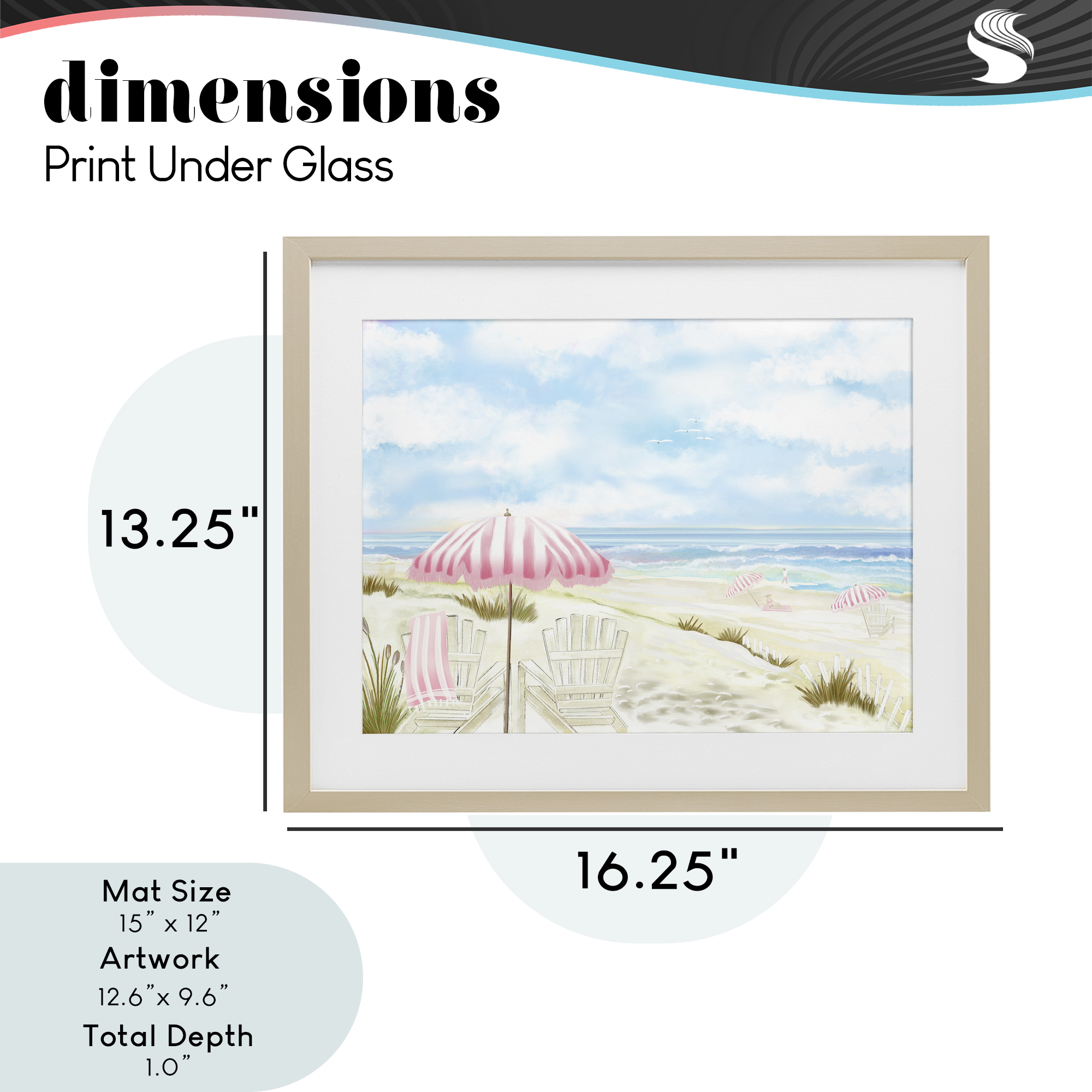 Seascape with Pink Umbrella Birch Framed Print Under Glass, design by Lori Mosley