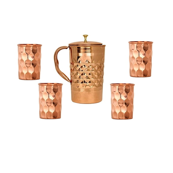 Ayurveda 100% Pure Copper Diamond Design 2 Liter Jug with 4 Copper Diamond Design Tumbler Set