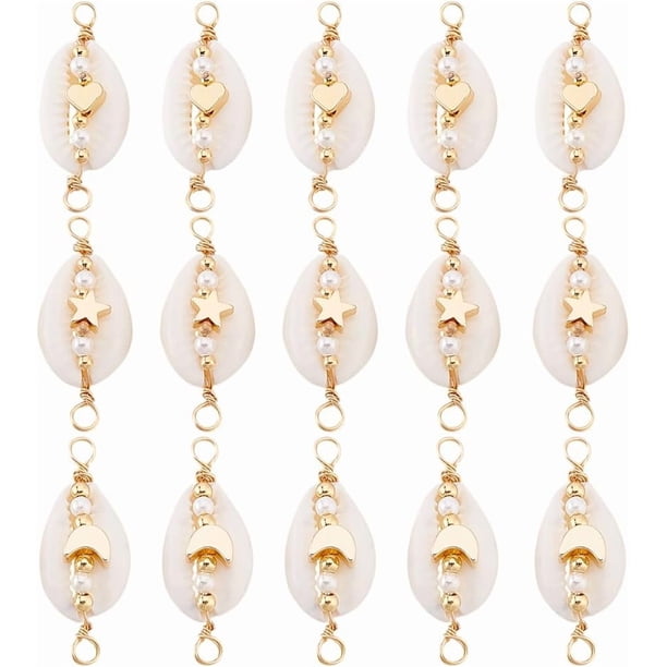 15 piezas de 3 estilos de conectores en forma de concha, colgantes de cuentas de latón envueltos en alambre de cobre, dijes de concha de cauri natural con perlas para hacer joyas DIY.