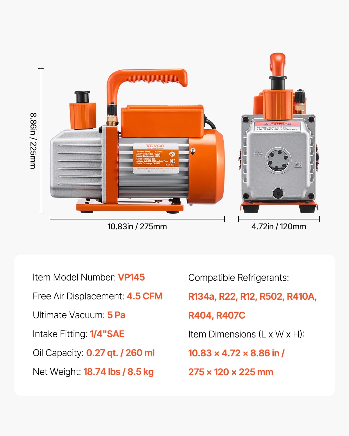 VEVOR 4.5 CFM AC Vacuum Pump and Gauge Set,Single Stage Rotary Vane HVAC Air Vacuum Pump,A/C&nbsp;Refrigerant&nbsp;Manifold Gauge Kit,with Leak Detector Hoses,for R134a,R12,R22,R502a,R410A,R404,R407C