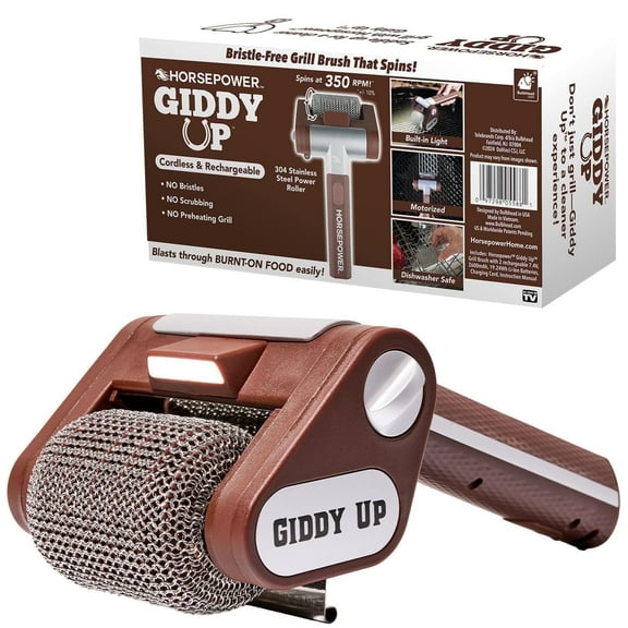 HorsePower Giddy Up Grill Cleaner AS SEEN ON TV! – Cordless, Rechargeable BBQ Tool with 350 RPM Stainless Roller, LED Light – Patents Pending – From BulbHead, a Family-Owned American Brand