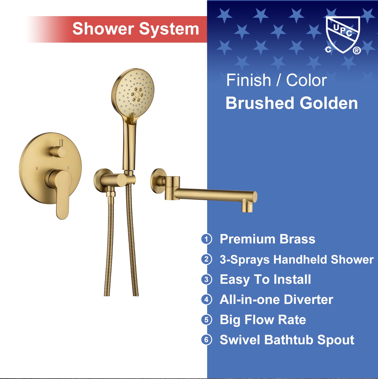 Rainlex One-Handle 1-Spray Setting Brushed Gold Bathtub Shower Faucet