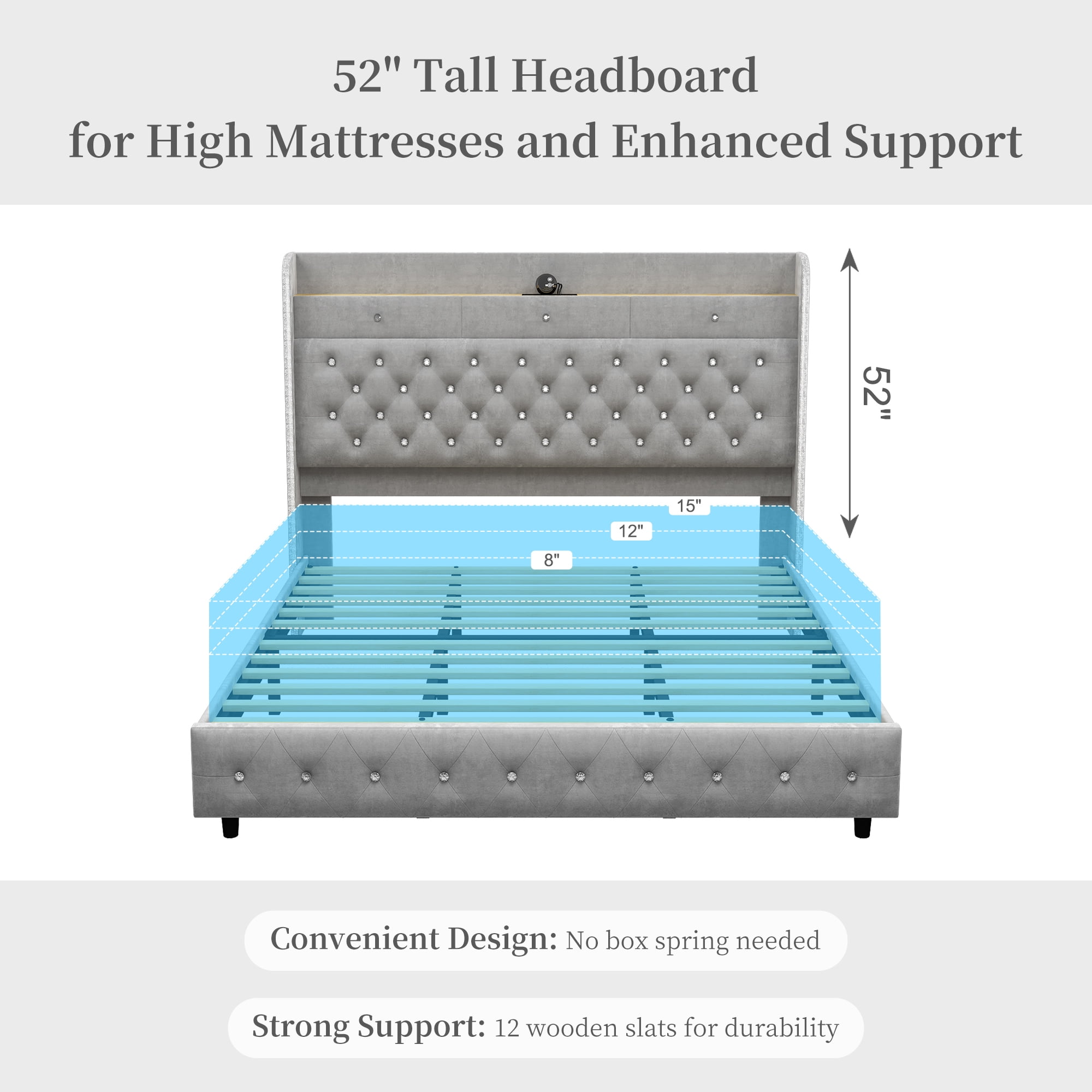 SIBEDS Queen LED Bed Frame with Crystal Tufted Upholstered Headboard, Galaxy Projector, USB Charging, Velvet Gray