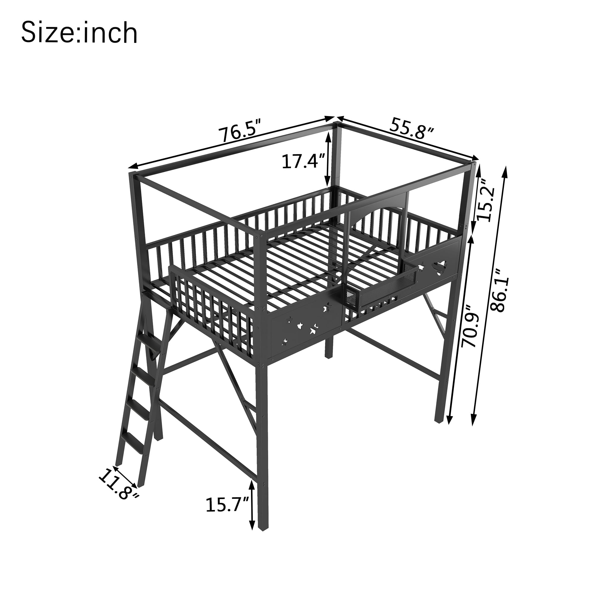 Leumius Full Size Loft Bed with Ladder and Storage Shelves,Metal High Loft Bed for Bedroom,Black