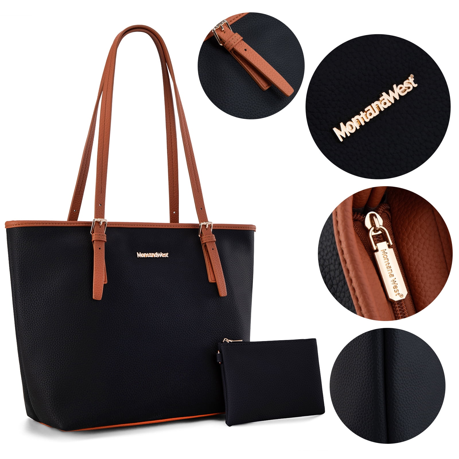 Montana West Tote Bags Vegan Leather Purses and Handbags for Women Top Handle Ladies Shoulder Bags, A-Black