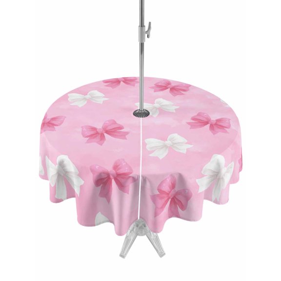 Outdoor Tablecloths with Umbrella Hole & Zipper, Pink White Bow Round Tablecloths 60 Inch, Modern Art Watercolor Bowknot Waterproof Table Cloth, Patio/Pool/Picnic Table Covers