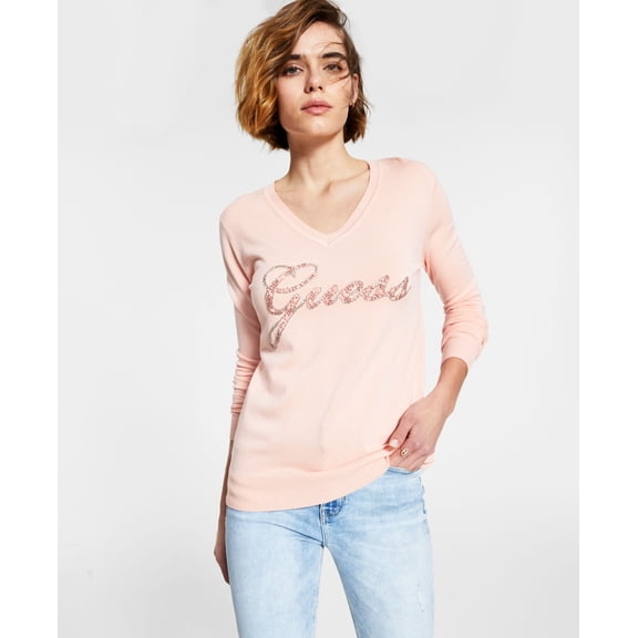 Guess Embellished V Neck Sweater Peach Creme L