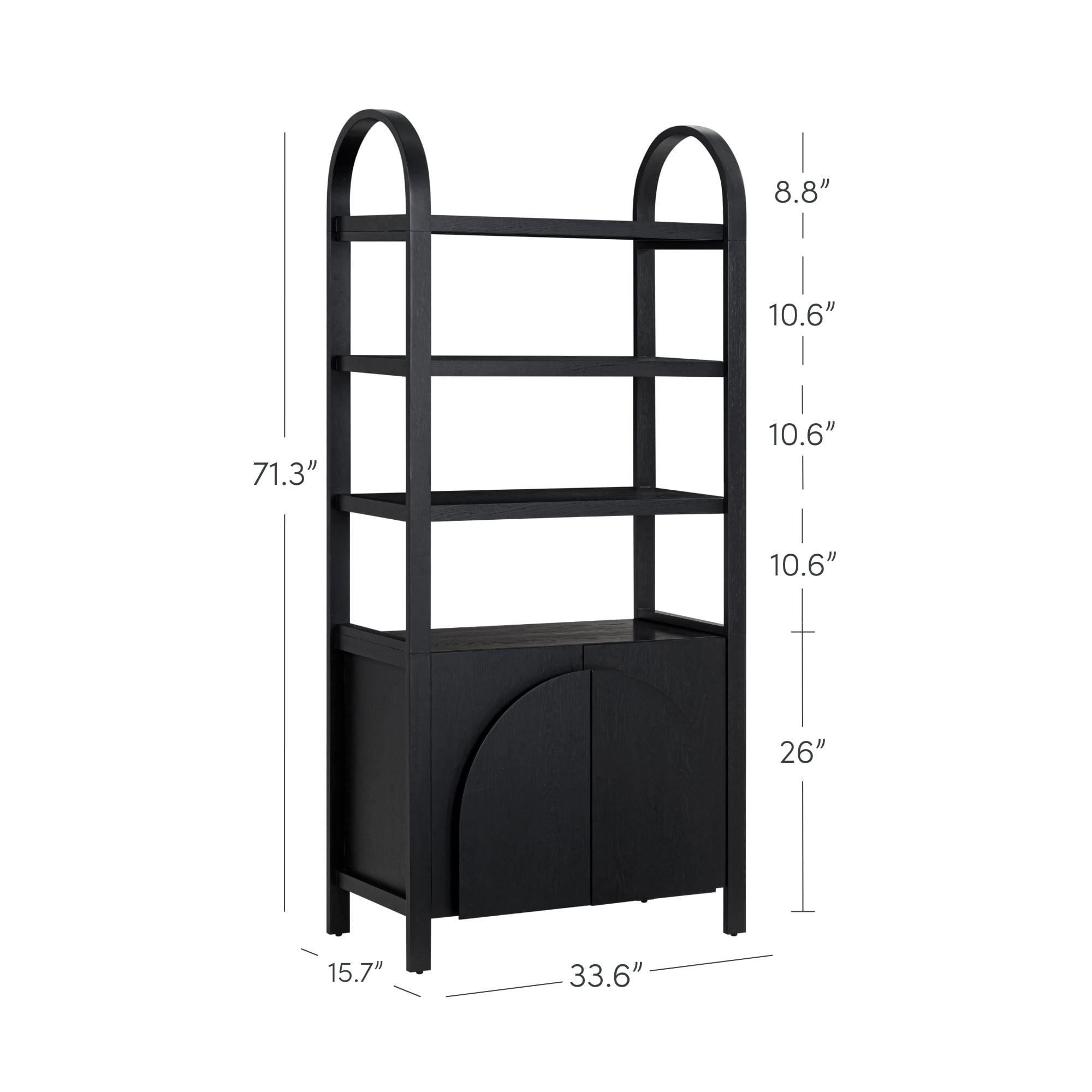Nathan James Iris 3 Tier Bookshelf, Arched Bookcase Cabinet, Solid Wood Bookcase with Cabinet Base, Boho Bookshelf in Midnight Charcoal Finish