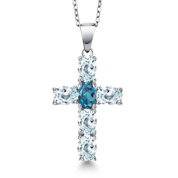 Gem Stone King 3.10 Cttw Sky Blue Aquamarine and London Blue Topaz Cross Pendant Necklace for Women | 925 Sterling Silver | Gemstone March Birthstone | Oval 6X4MM | With 18 inch Chain