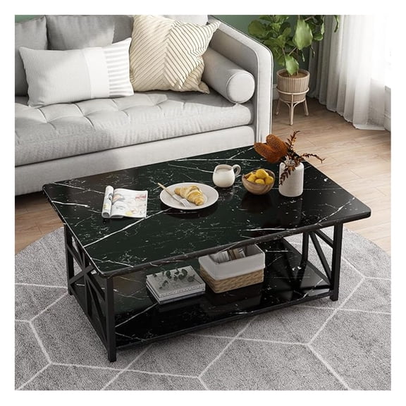Faux Marble Coffee Table for Living Room,Modern 2-Tier Coffee Table with Storage,Rectangular Center Table for Sofa,Sturdy Frame,Black