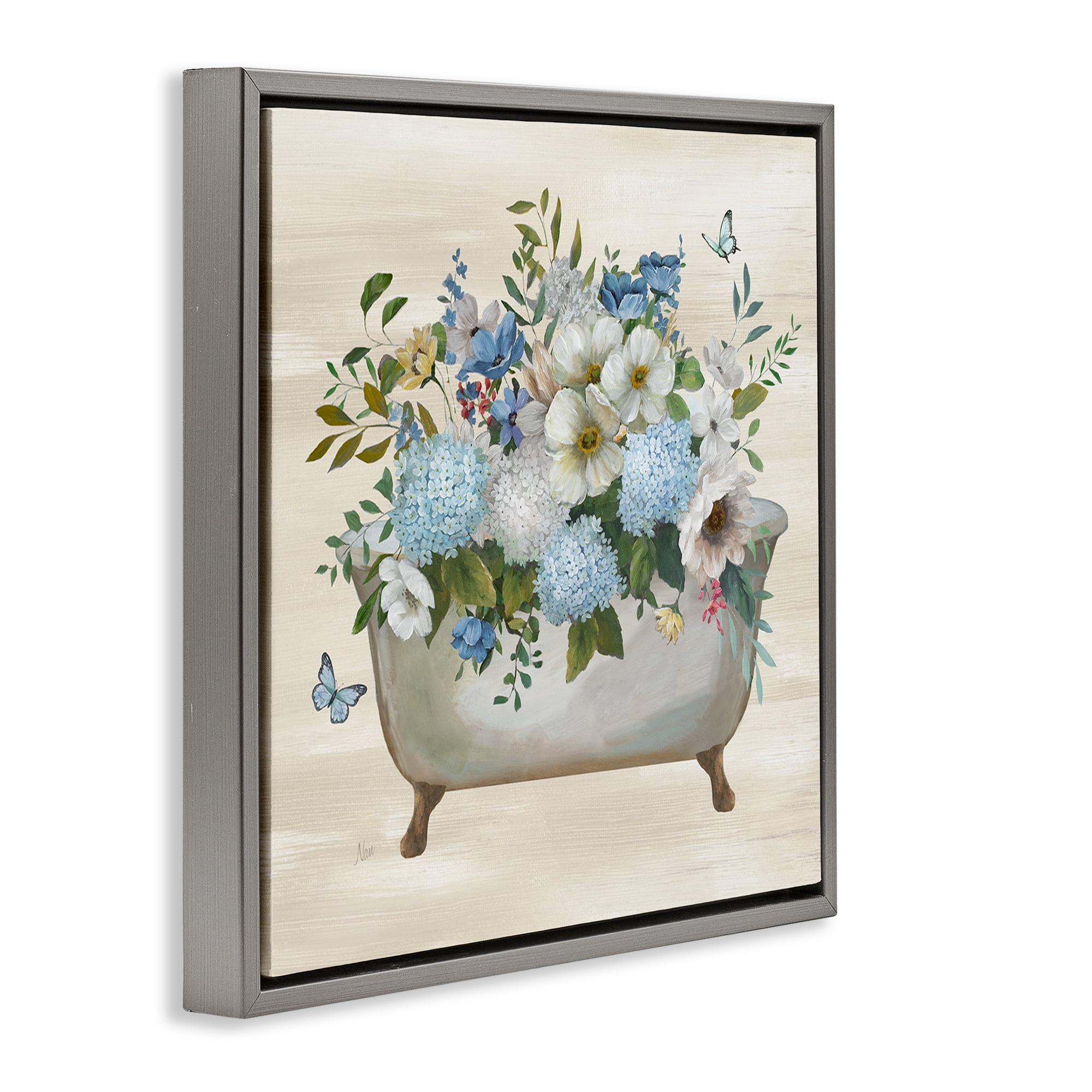Stupell Industries Full Hydrangea Bathtub Typography Painting Gray Floater Framed Canvas Art Print Wall Art, 18 x 18
