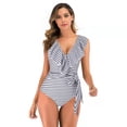 thumbnail image 1 of Women's Bikini Swimsuit Ruffles Two Pieces Bikini Set, Black And White Bars XL, 1 of 5