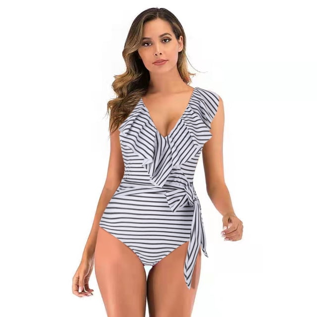 Women's Bikini Swimsuit Ruffles Two Pieces Bikini Set, Black And White Bars XL