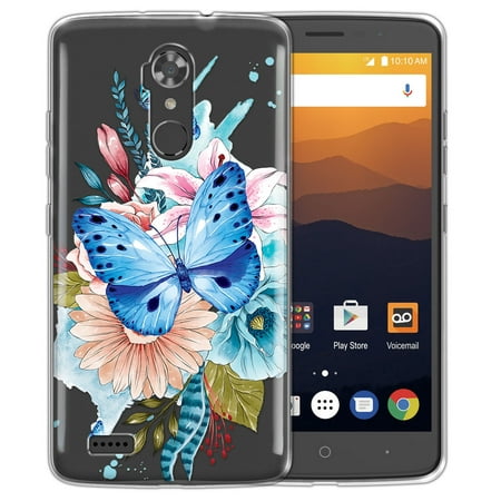 FINCIBO Soft TPU Clear Case Slim Protective Cover for ZTE Max XL N9560, Watercolor Blue Butterfly