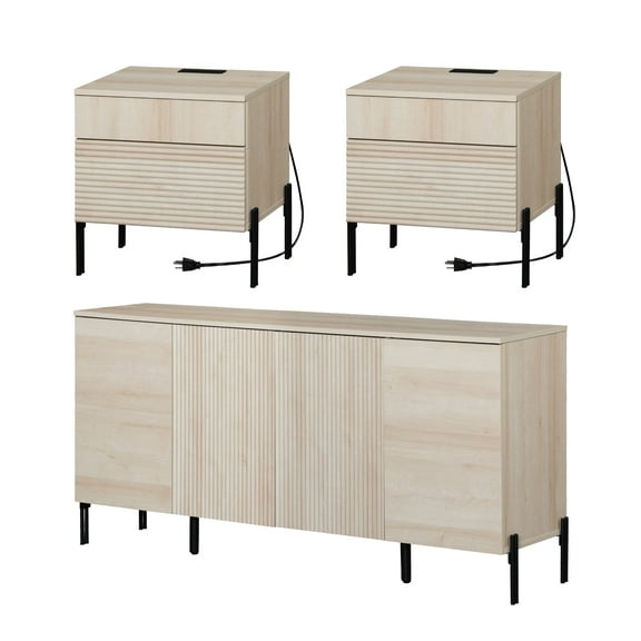 3-Piece Reeded Bedroom Set, Modern Minimalist Nightstand and Dresser Set, Oak Wooden Chest With Hidden Handles For Bedroom, Living Room