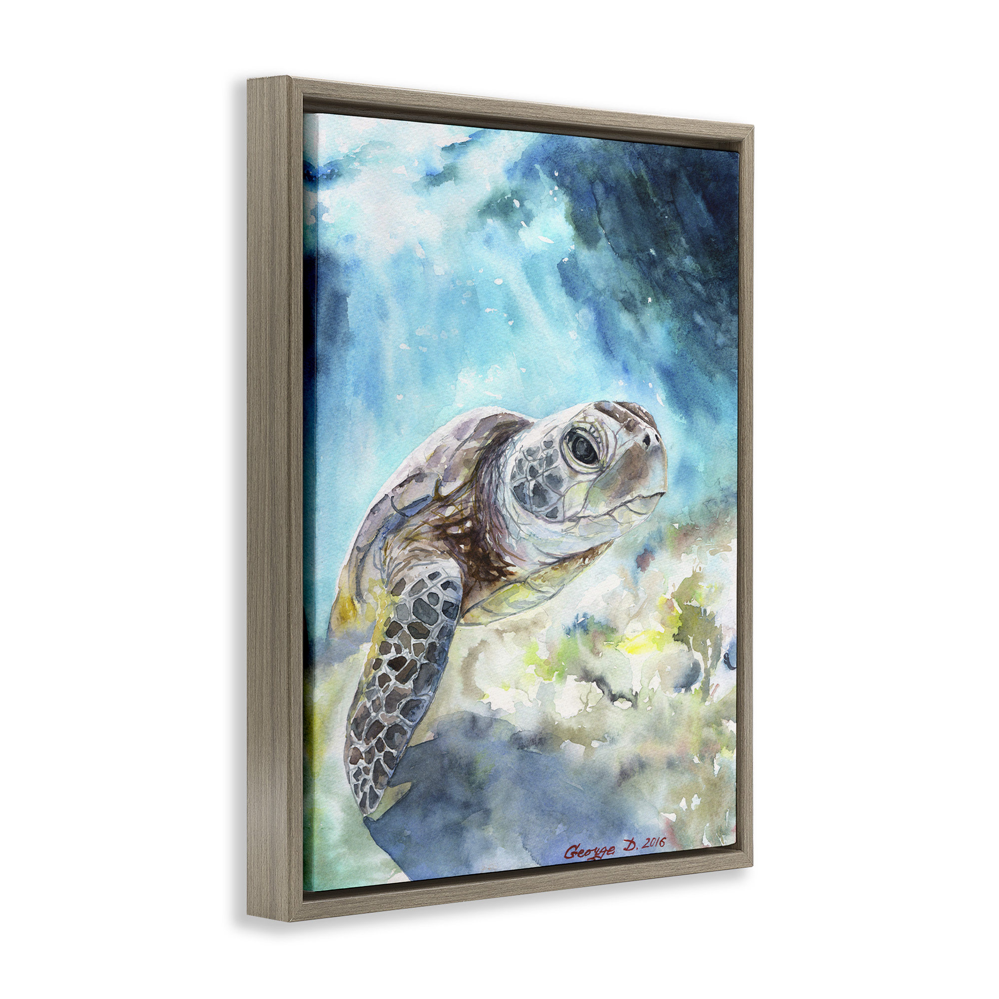 Stupell Industries Sea Turtle Ocean Watercolor Animals & Insects Painting Brown Floater Framed Canvas Art Print Wall Art, 25 x 31