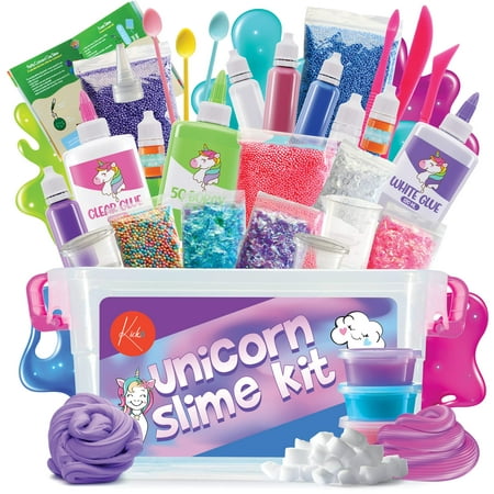 Kicko Unicorn Slime Making Set - 88 Piece DIY Kit with Storage Box - Fluffy, Beads, Glitter, Glue, Glow in The Dark, Color Dyes - Slime Supplies for Boys, Girls - Party Favors Included